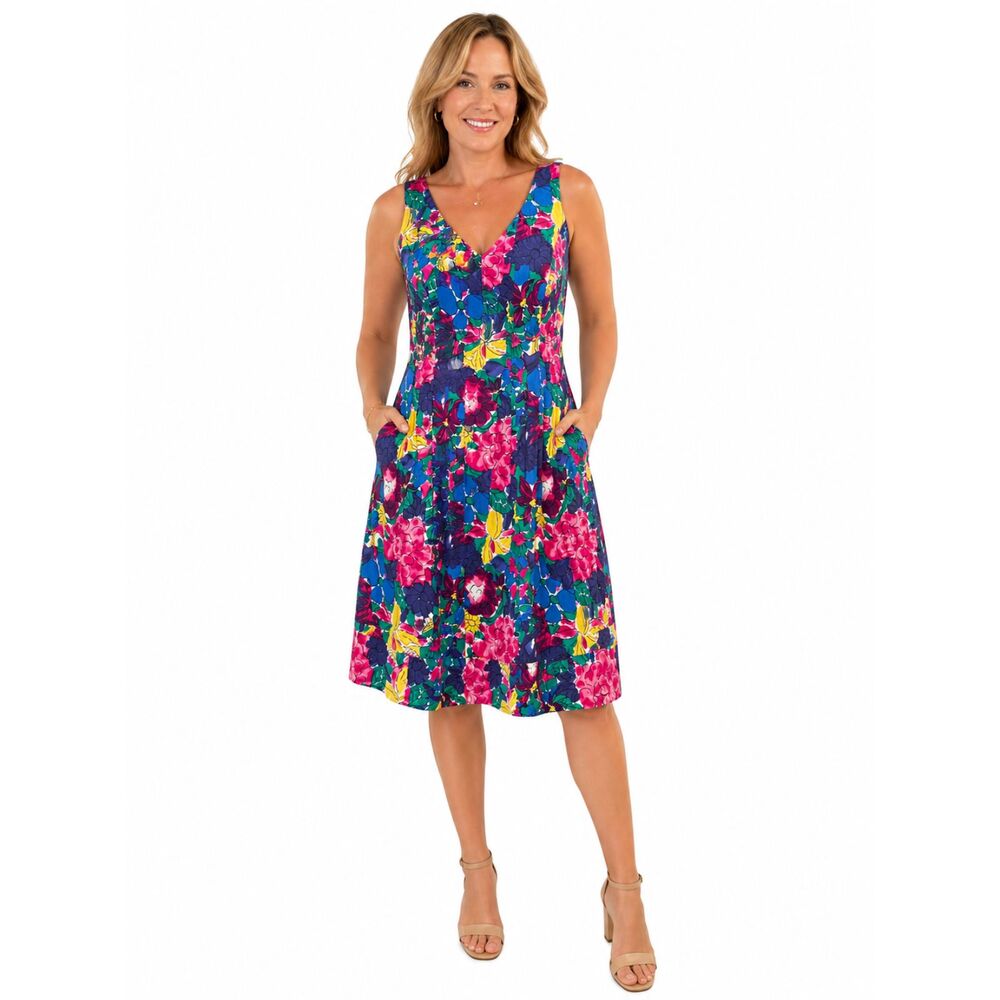 JONES NEW YORK Pleated V-Neck Bright Multicolor Floral Sleeveless Summer Dress 8 - Picture 1 of 8